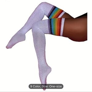 Thigh high Rainbow Stripe White Socks with iridescent diamond embellishment